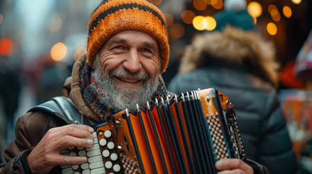 Street musician playing accordion.の素材