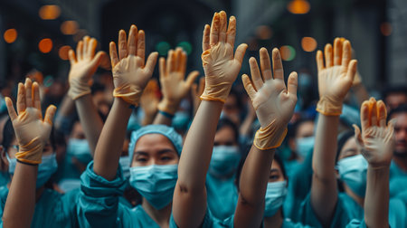 Hands of doctors raised together.の素材