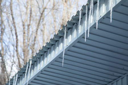 Icicles on house roof in cold winter.
