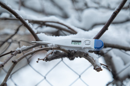 Thermometer on tree branch at winter.の写真素材