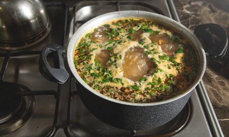 Cooking soup on a gas stove.