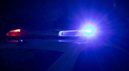 Police car in the city at night.の写真素材