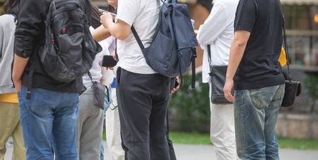 Tourists in a backpack in the city.の写真素材