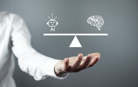 Man showing human brain with a Ai robot on scales.