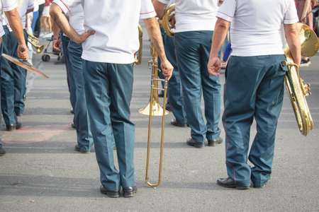 Police force officers with a musical instruments in the city.