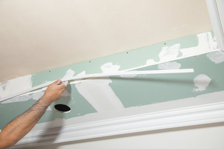 Caucasian worker renovating ceiling at home.の写真素材