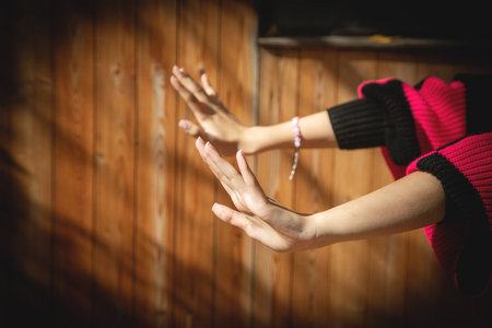Young caucasian woman showing empty hand.の写真素材