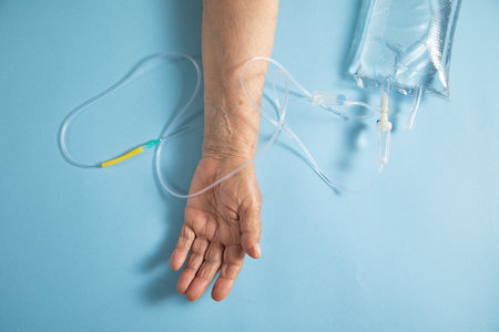 Hand of elderly patient with IV drip with infusion bag.の写真素材