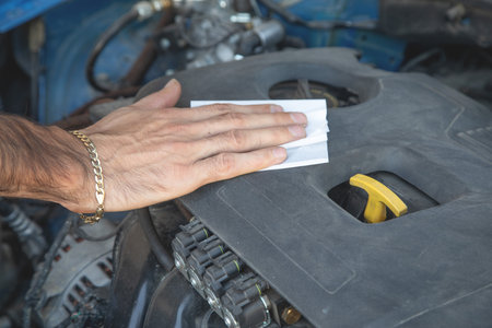 Human hand cleaning car motor.