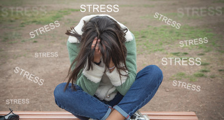 Caucasian sad woman with a Stress words.