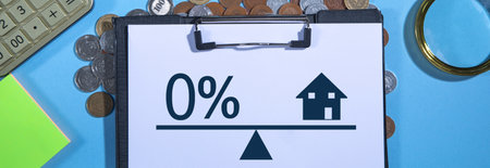 Zero percent symbol and house model on scales. Real estate
