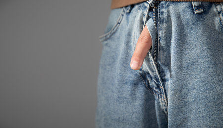Male finger comes out in jeans zip.