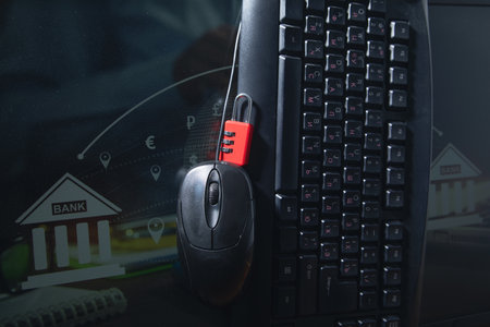 Padlock with a computer. Cybersecurity and digital data protectionの写真素材