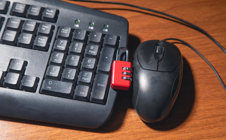 Padlock with a computer. Cybersecurity and digital data protectionの写真素材