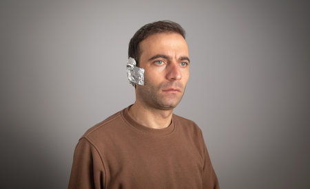 Caucasian man with a tape on ear.の写真素材