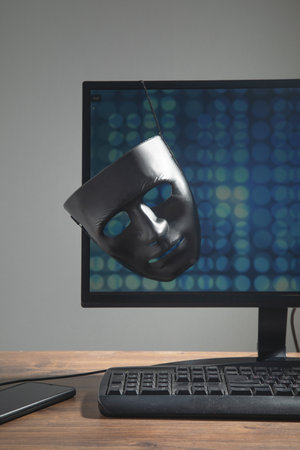 Black mask and computer on the table.の写真素材