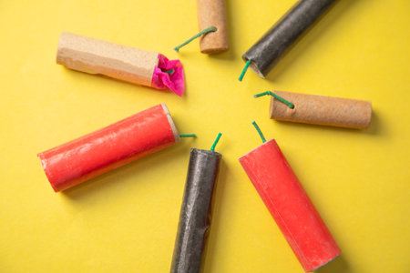 Firecrackers on the yellow background.の写真素材
