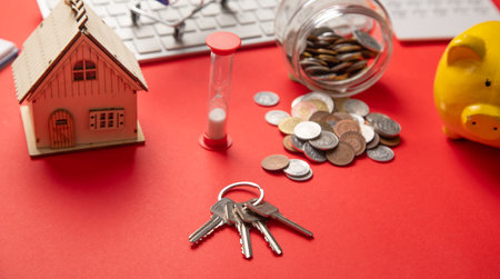 House model, coins, keys. Real estateの写真素材