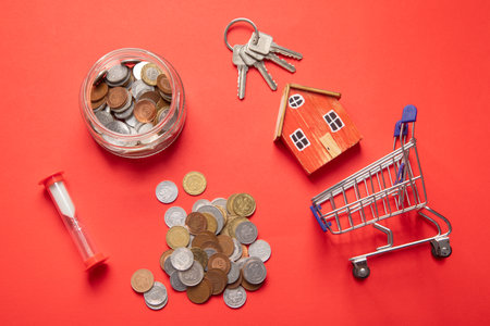 House model, coins, keys. Real estateの写真素材