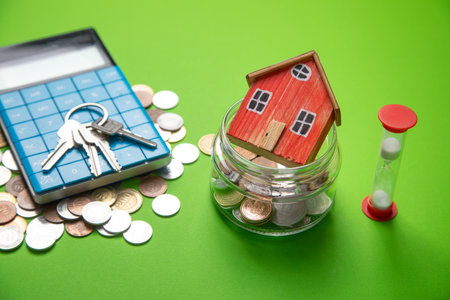 House model, coins, keys. Real estateの写真素材