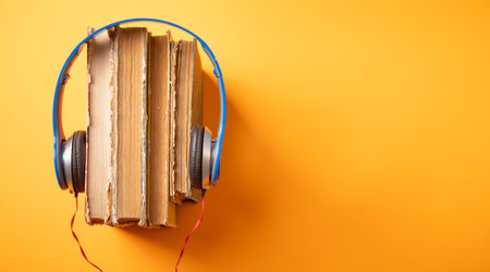 Blue headphones and book. Hobby. Musicの写真素材