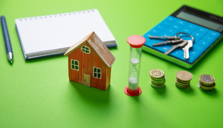 House model, coins, keys. Real estateの写真素材
