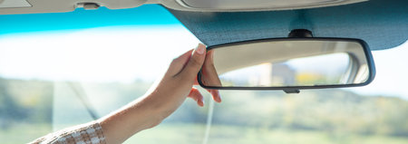 Female driver adjusting mirror and driving car.の写真素材