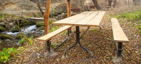 Wooden benches and table in forest at autumn.の写真素材