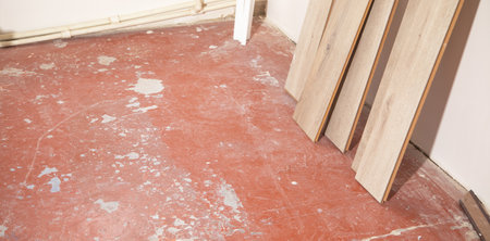 New laminates lying on old floor. Renovation of floorの写真素材