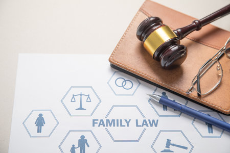 Judge gavel, pen, eyeglasses. Family Law conceptの写真素材