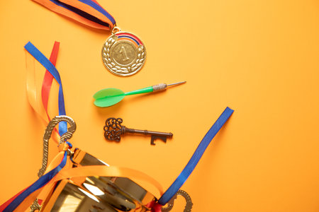 Key for success, winner medal, golden trophy. Success. Winの写真素材