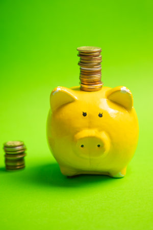 Piggy bank and coins on the green background.の写真素材