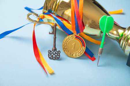 Key for success, winner medal, golden trophy. Success. Winの写真素材