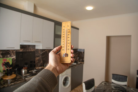 Male hand showing thermometer at room.の写真素材