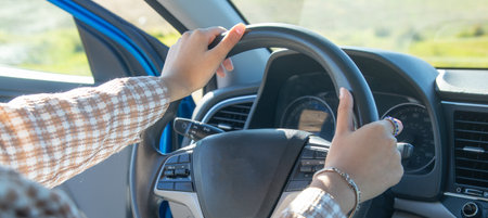 Female hands in steering wheel of car.の写真素材