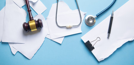 Judge gavel, stethoscope and torn documents.の写真素材