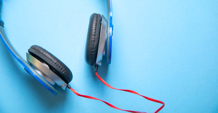 Blue headphones. Minimal concept. Technologyの写真素材