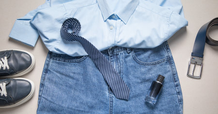 Blue jeans with a belt and other objects on the gray background.の写真素材