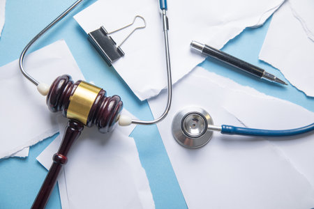 Stethoscope and torn documents on the blue background.の写真素材