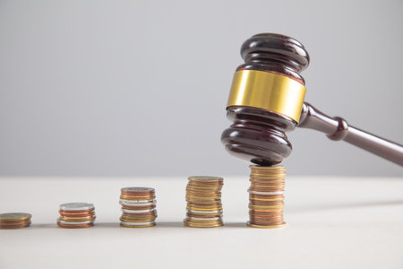 Judge gavel and coins on the table.の写真素材