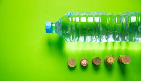 Plastic bottle of water on the green background.の写真素材