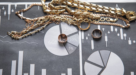 Golden jewelry on financial graphs.の写真素材