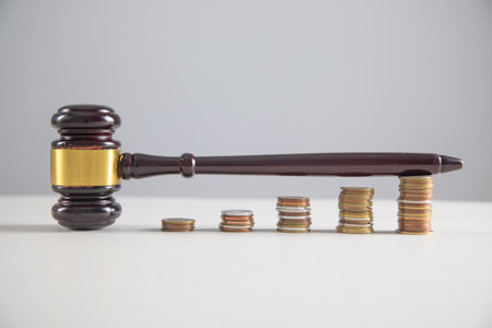 Judge gavel and coins on the table.の写真素材