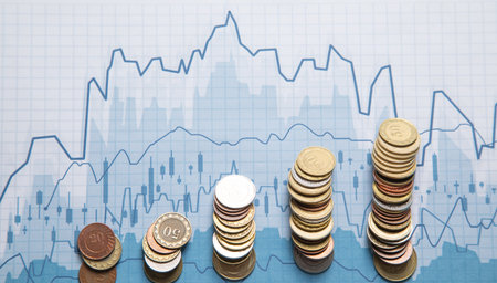 Stack of coins with a financial growth graphs.