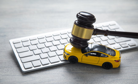 Computer keyboard, toy car and judge gavel.