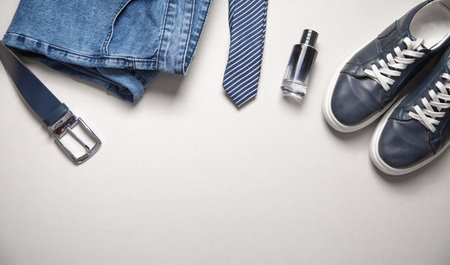 Blue jeans with a belt and other objects on the gray background.の写真素材