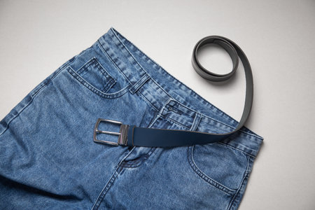 Blue jeans with a belt on the gray background.の写真素材
