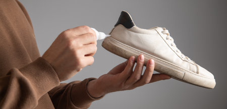 Caucasian man glues shoe. Repairingの写真素材