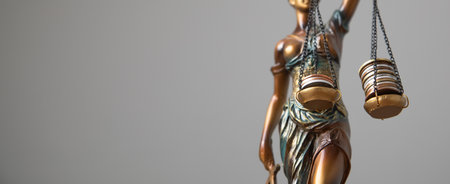 Lady Justice statue balancing stacks of coins.の写真素材