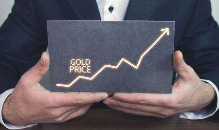 Gold Price word with a growing arrow. Gold price growthの写真素材